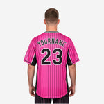 Custom Baseball Uniform Jersey - Pinstripe Full Button Sublimated Jersey in Hot Pink