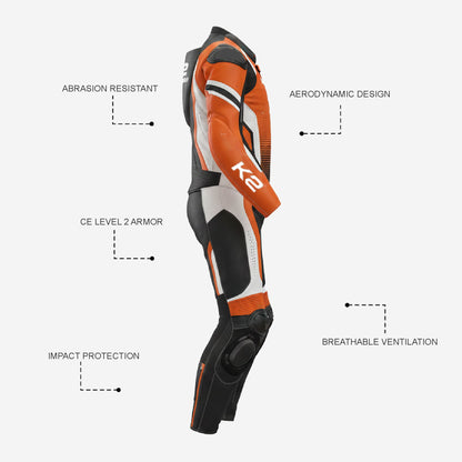 Personalized Motorbike Leather Suit in Orange & Black - Custom Racing One Piece Suit