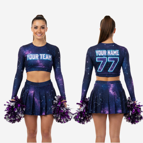 Custom Cheerleading Uniform Set - Long Sleeve Crop Top & Skirt Galaxy Design