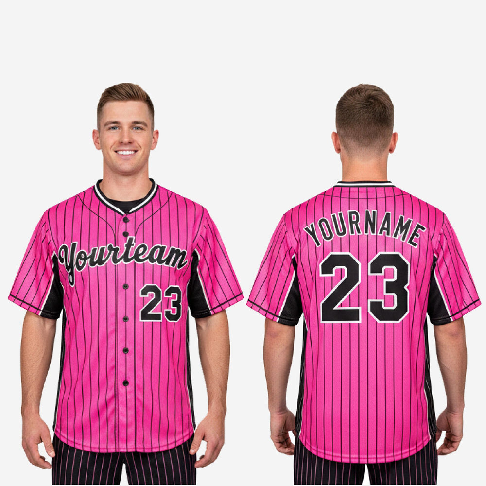 Custom Baseball Uniform Jersey - Pinstripe Full Button Sublimated Jersey in Hot Pink