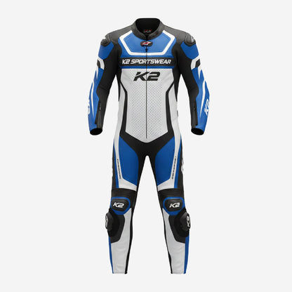 Custom Motorcycle One Piece Suit in Blue - Leather Racing Suit with CE Armor