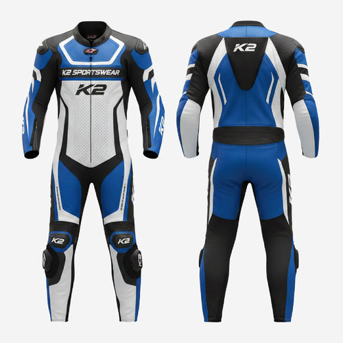 Custom Motorcycle One Piece Suit in Blue - Leather Racing Suit with CE Armor