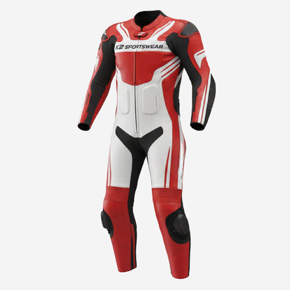 Custom Motorcycle One Piece Suit in Red & Black - Leather Racing Suit with CE Armor