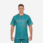 Custom Baseball Uniform Jersey - Pinstripe Full Button Sublimated Jersey in Teal Blue