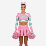 Custom Cheerleading Pink Uniform Set - Long Sleeve Crop Top & Skirt Team Name Design
