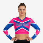 Cheer Top mit individuellem Teamnamen und Nummer – V-Ausschnitt Wettkampf-Shell in Pink & Blau