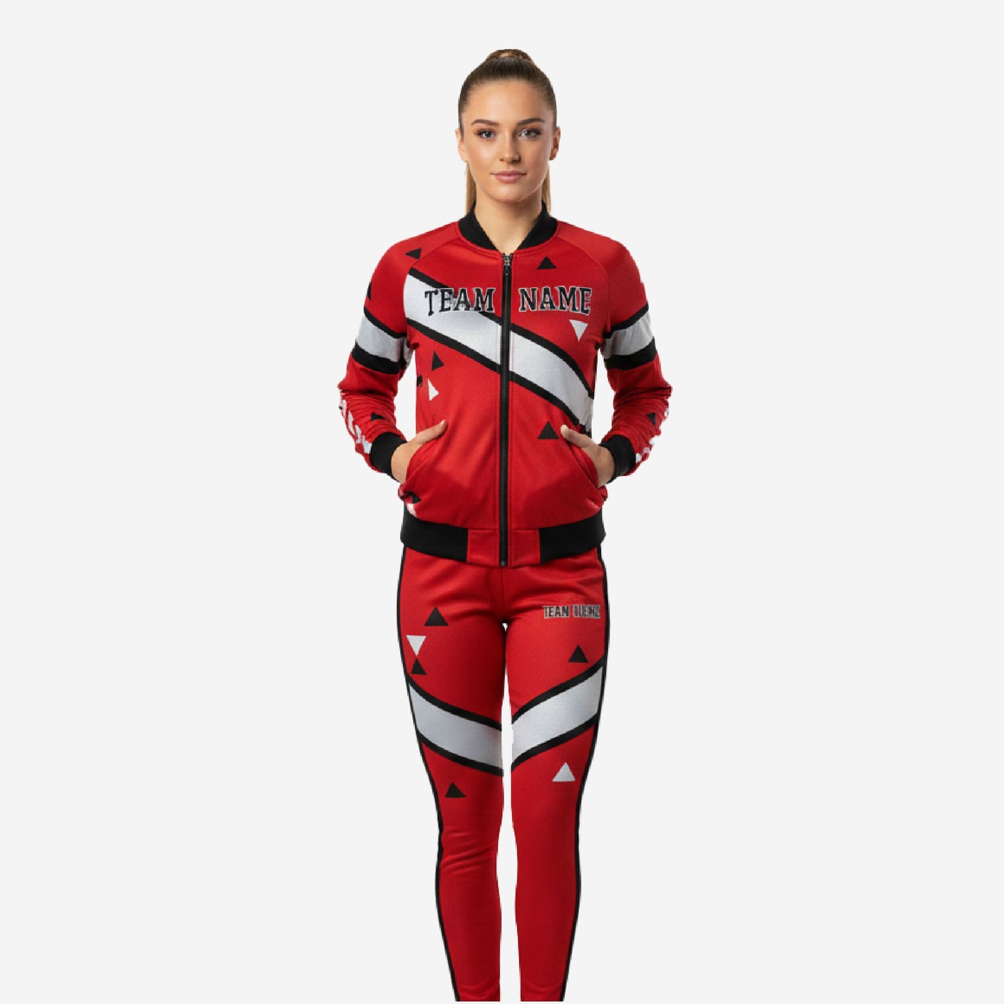 Custom Cheerleading Red Warmup Set - Bomber Jacket & Pants Team Name Design