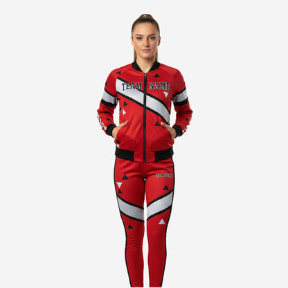 Custom Cheerleading Red Warmup Set - Bomber Jacket & Pants Team Name Design