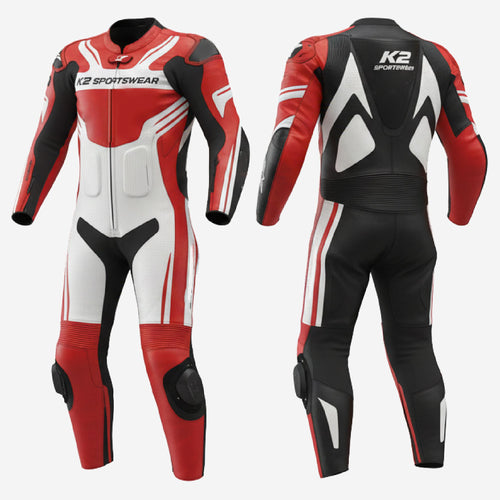 Custom Motorcycle One Piece Suit in Red & Black - Leather Racing Suit with CE Armor