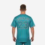 Custom Baseball Uniform Jersey - Pinstripe Full Button Sublimated Jersey in Teal Blue
