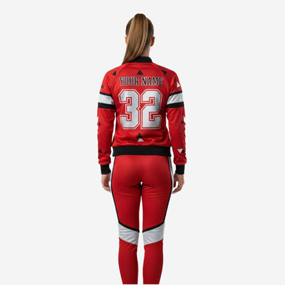 Custom Cheerleading Red Warmup Set - Bomber Jacket & Pants Team Name Design