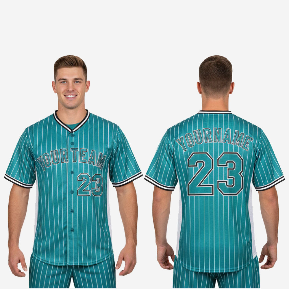 Custom Baseball Uniform Jersey - Pinstripe Full Button Sublimated Jersey in Teal Blue