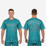 Custom Baseball Uniform Jersey - Pinstripe Full Button Sublimated Jersey in Teal Blue