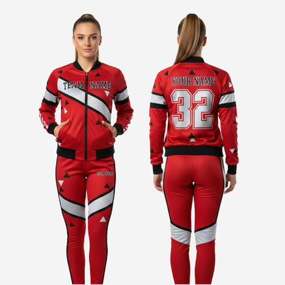Custom Cheerleading Red Warmup Set - Bomber Jacket & Pants Team Name Design