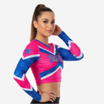 Cheer Top mit individuellem Teamnamen und Nummer – V-Ausschnitt Wettkampf-Shell in Pink & Blau