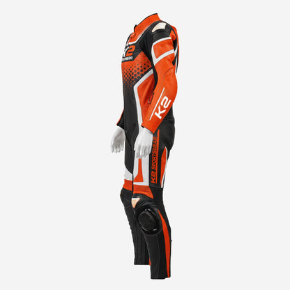 Custom Motorcycle Leather Racing Suit in Orange & Black - One Piece Racing Suit