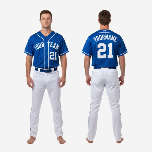 Custom Baseball Uniform in Blue - Full Button Jersey & Pants Team Name & Number Set