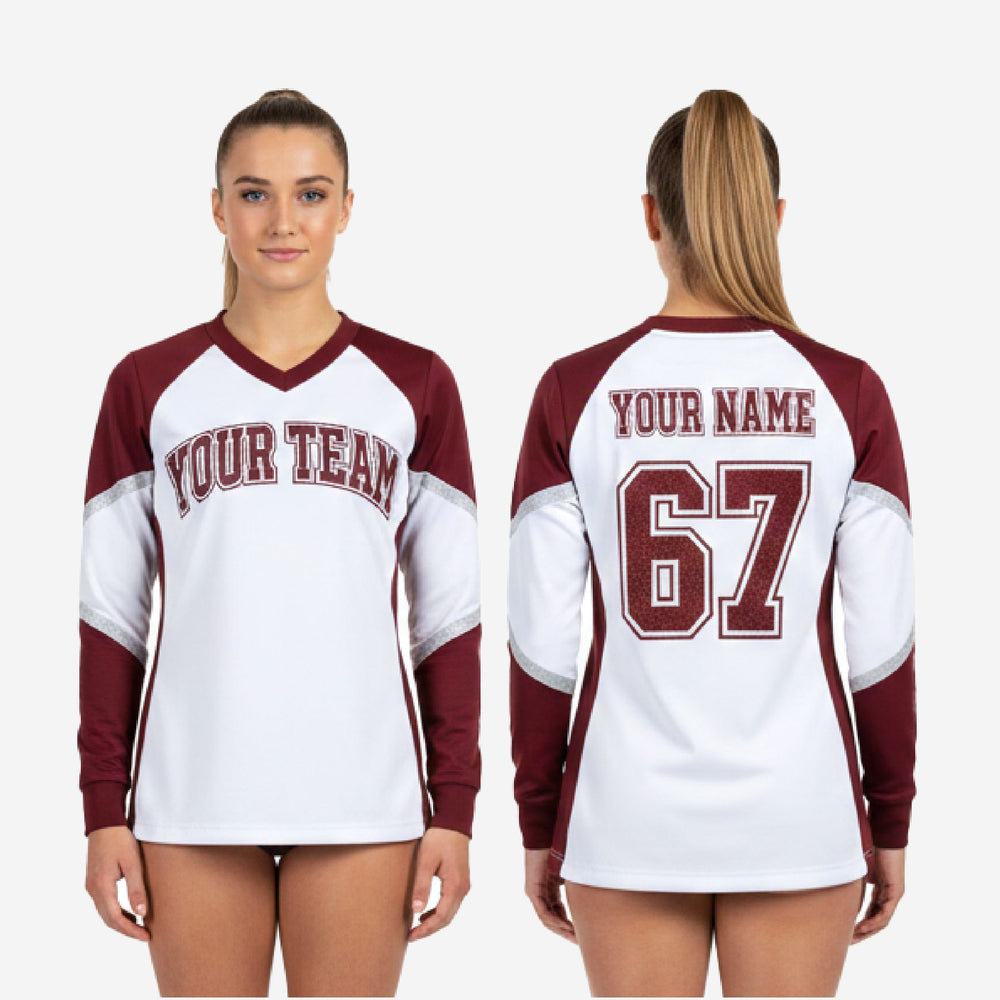 Custom Long Sleeve Cheerleading Jersey - White & Wine V-Neck Practice Jersey