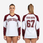Custom Long Sleeve Cheerleading Jersey - White & Wine V-Neck Practice Jersey
