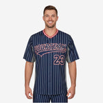 Custom Baseball Uniform Jersey - Pinstripe Full Button Sublimated Jersey in Persian Blue