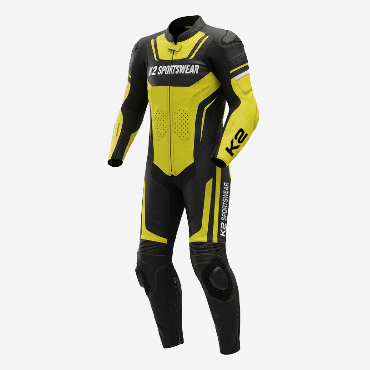 Custom Motorcycle One Piece Suit in Yellow & Black - Leather Racing Suit with CE Armor