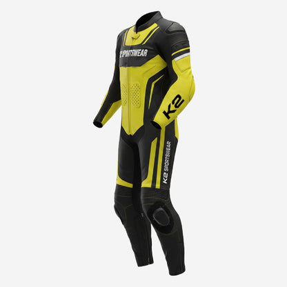 Custom Motorcycle One Piece Suit in Yellow & Black - Leather Racing Suit with CE Armor