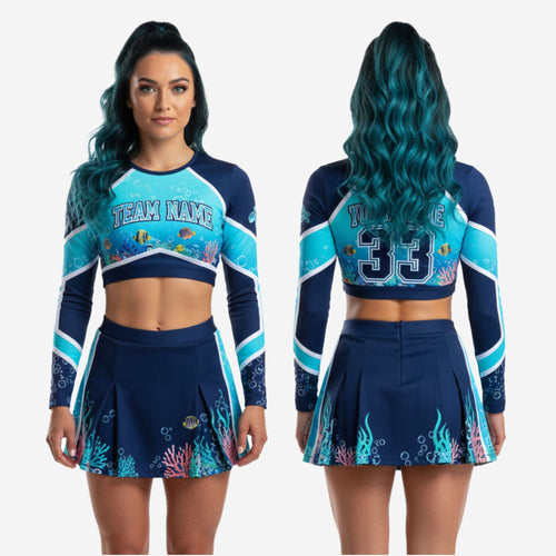 Custom Cheer Uniforms - Sublimated Long Sleeve Crop Top & Athletic Skirt Set