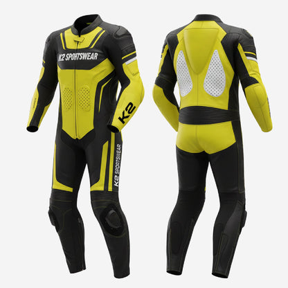 Custom Motorcycle One Piece Suit in Yellow & Black - Leather Racing Suit with CE Armor