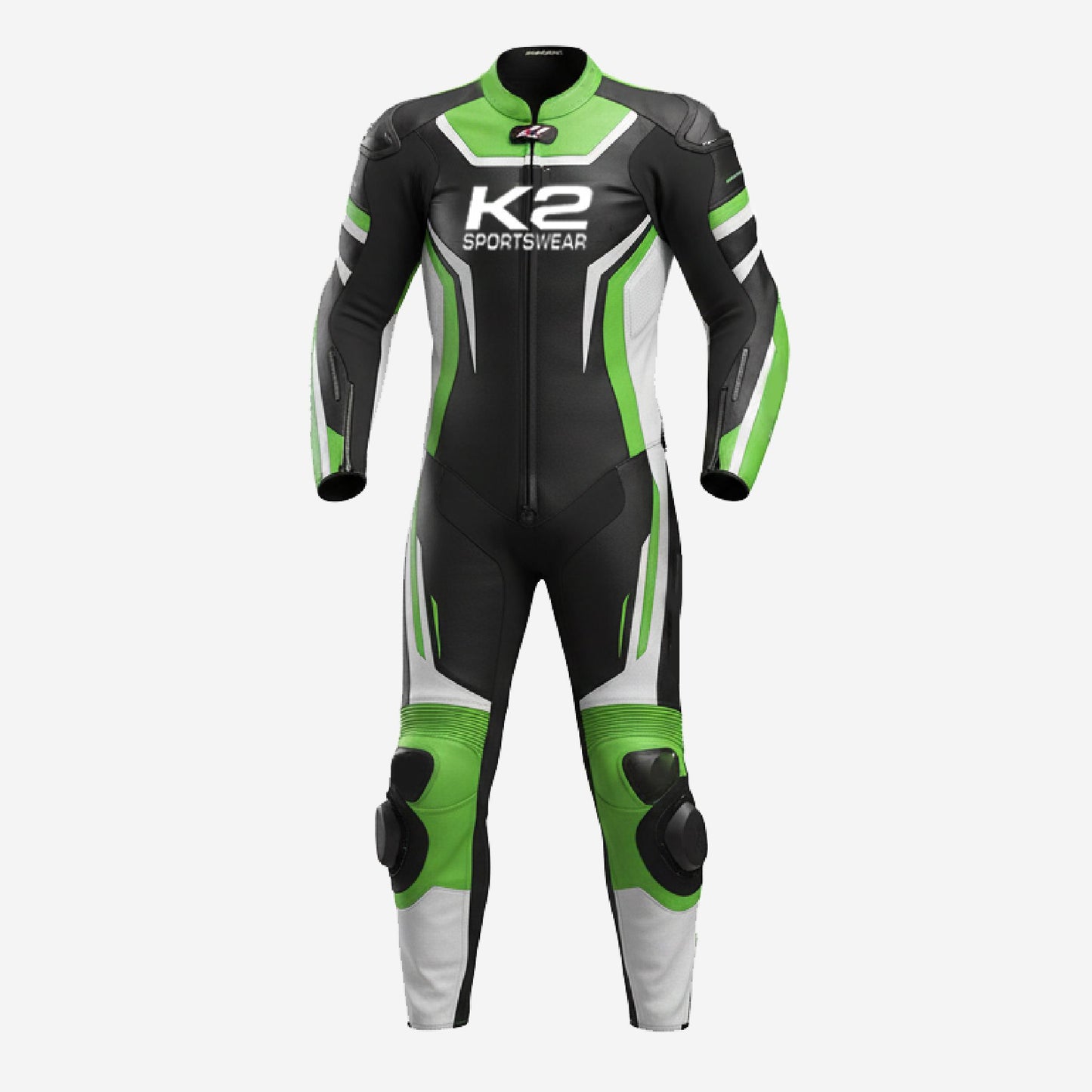 Custom Motorcycle One Piece Suit in Green & Black - Leather Racing Suit with CE Armor