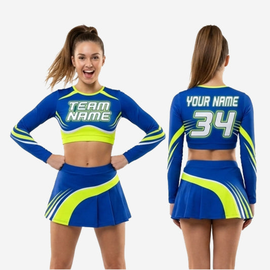 Custom Team Cheer Uniform Set in Blue - Long Sleeve Crop Top Set