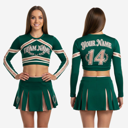 Custom Cheerleading Uniform Set in Green - Long Sleeve Crop Top & Skirt Set