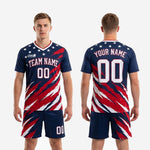 Adult men's soccer uniform navy splash full kit detail showing matching shorts with player number on left thigh