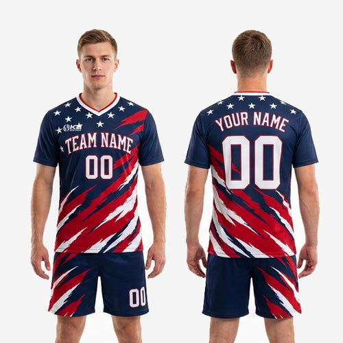 Adult men's soccer uniform navy splash full kit detail showing matching shorts with player number on left thigh
