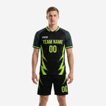 All black soccer uniforms with neon green lightning bolt sublimation print, front view of complete 2-piece jersey and shorts set