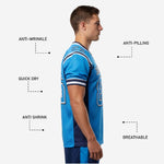 Back view of custom american football jersey sets for teams in sky blue and navy showing back number and nameplate area