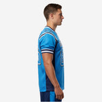 Custom blue and white football jersey front view showing V-neck collar with white inner band and navy binding on adult male model