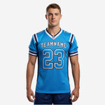 American football jersey sets for teams in sky blue and navy with arched team name and front number 23 shown on adult male model