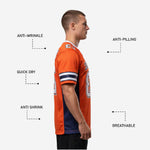 Back view of orange and navy custom football jersey showing back number, player nameplate area, and navy side panels