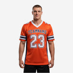 Custom American football jerseys with numbers in orange and navy, V-neck collar, 3-stripe sleeves, navy side panels, front and back view