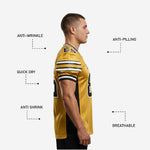 Right side view of custom American football team jersey in gold with black side panel and sublimated sleeve stripes