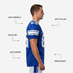 Back view of custom American football team jersey in royal blue with white nameplate area and back number for full roster identification