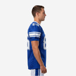 Front view of custom American football team jersey in royal blue and white with team name chest arc and number 23 sublimated on the body