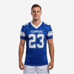 Custom American football team jerseys in royal blue with white V-neck collar, 3-stripe sleeve trim, arched team name, and large front number 23