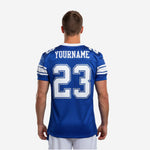 Second side view of blue and white custom American football team jersey showing sleeve stripe detail and straight hem cut