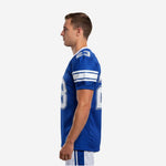 Side view of royal blue custom football jersey showing short set-in sleeve with white 3-stripe trim panel and straight hip-length hem