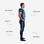 Back view of custom american football uniform with names and numbers in sky blue and navy showing back number nameplate area and navy pant stripes