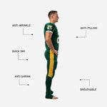 Green and gold football uniform sets for teams, back view showing player name, back number, and matching gold side stripe on compression pants