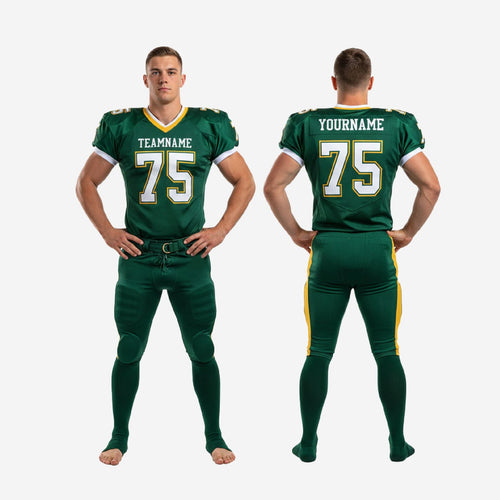 Detail view of green and gold sublimated american football uniform showing white crew neck binding and gold-outlined number on shoulder panel