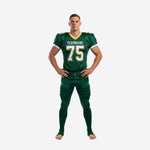 Size and specification chart for green and gold american football uniform packages, youth and adult sizing available for full roster orders