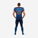 American football uniforms with numbers - back view of blue and orange sublimated jersey showing back number and nameplate area above navy pants